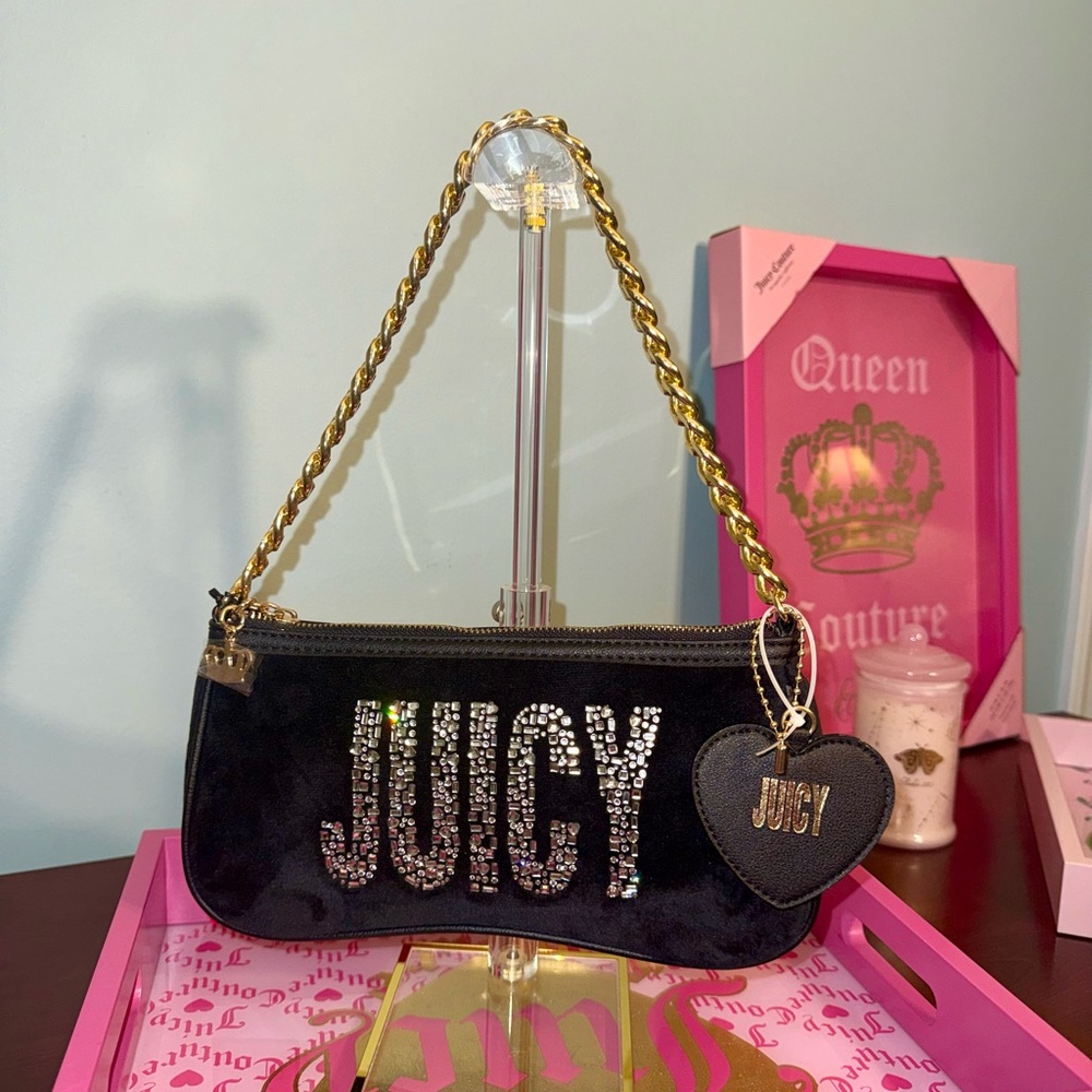 Juicy Couture Black Rhinestone JUICY Logo Chain Shoulder Clutch